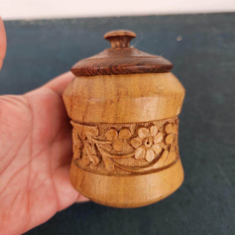 Floral Hand Carved Wooden Container and Lid Made in India Trinket Box Spice Jar